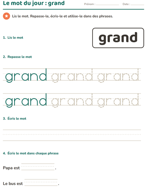 Aperçu de la fiche Mots-outils pour École maternelle (grande section, 5-7 ans)