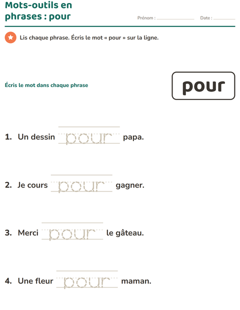 Aperçu de la fiche Mots-outils pour École maternelle (grande section, 5-7 ans)
