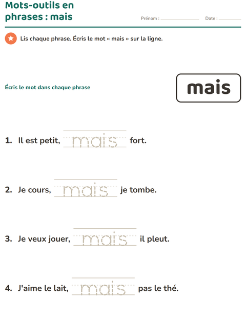 Aperçu de la fiche Mots-outils pour École maternelle (grande section, 5-7 ans)
