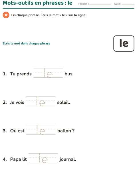Aperçu de la fiche Mots-outils pour École maternelle (grande section, 5-7 ans)