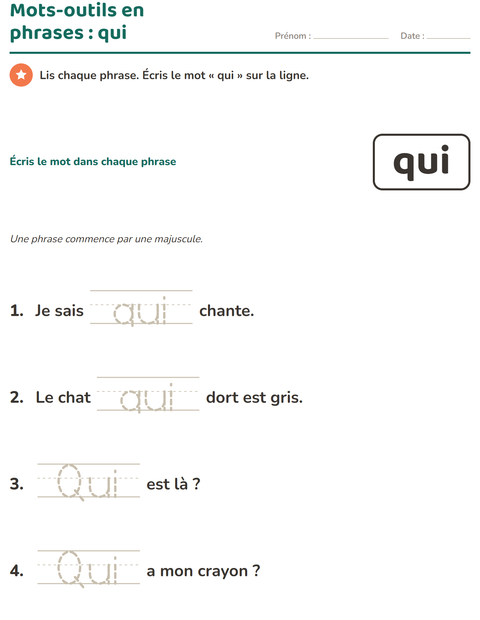 Aperçu de la fiche Mots-outils pour École maternelle (grande section, 5-7 ans)