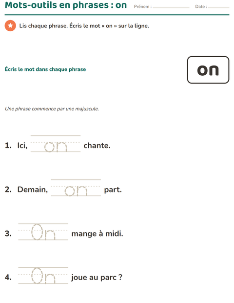 Aperçu de la fiche Mots-outils pour École maternelle (grande section, 5-7 ans)