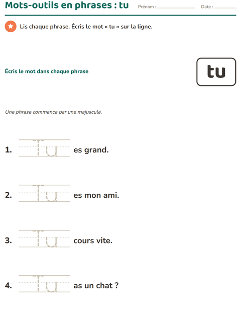 Aperçu de la fiche Mots-outils pour École maternelle (grande section, 5-7 ans)