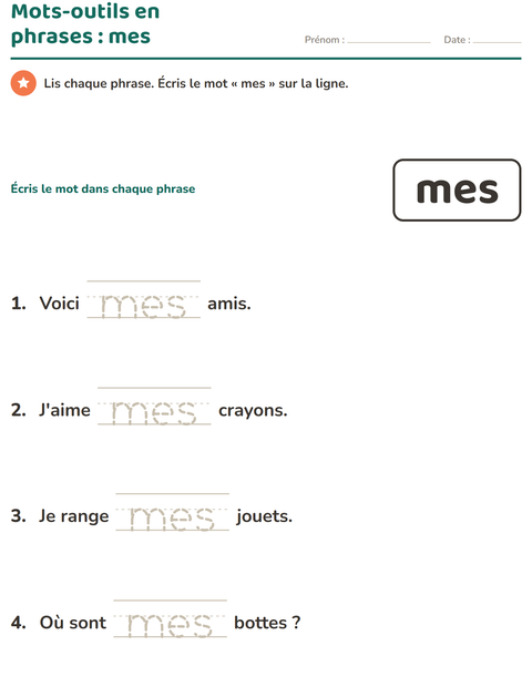 Aperçu de la fiche Mots-outils pour École maternelle (grande section, 5-7 ans)