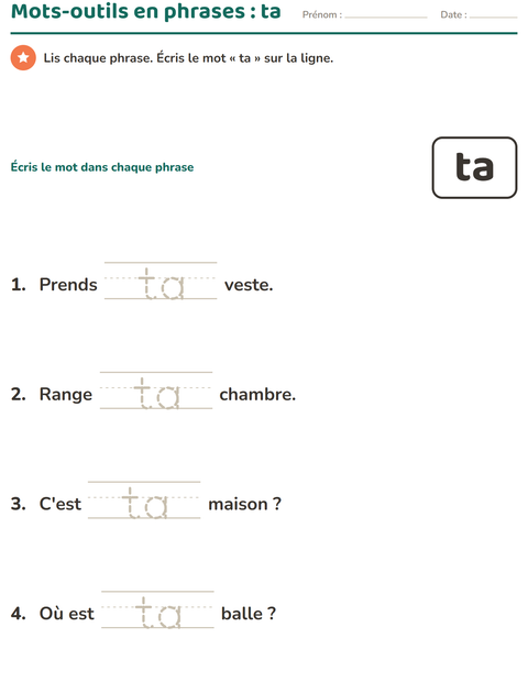 Aperçu de la fiche Mots-outils pour École maternelle (grande section, 5-7 ans)