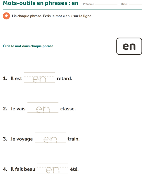 Aperçu de la fiche Mots-outils pour École maternelle (grande section, 5-7 ans)