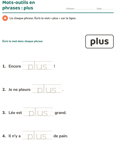Aperçu de la fiche Mots-outils pour École maternelle (grande section, 5-7 ans)