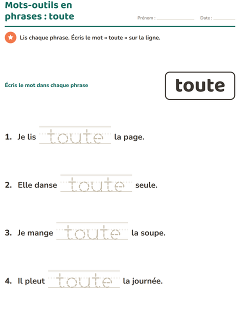 Aperçu de la fiche Mots-outils pour École maternelle (grande section, 5-7 ans)