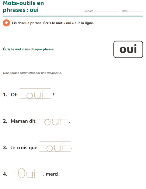 Aperçu de la fiche Mots-outils pour École maternelle (grande section, 5-7 ans)