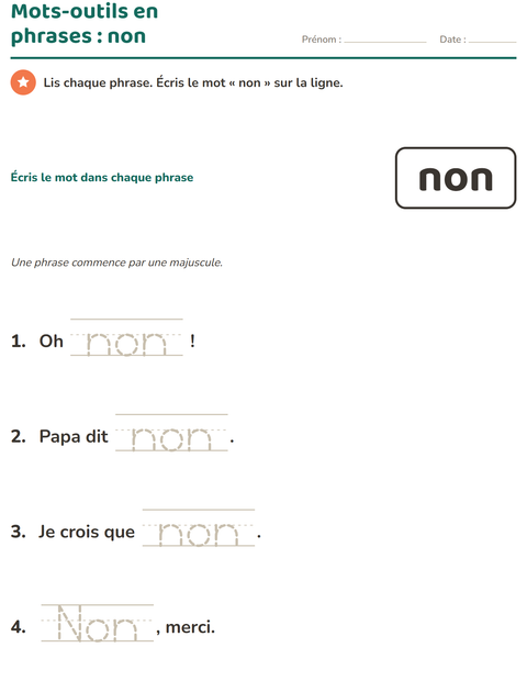 Aperçu de la fiche Mots-outils pour École maternelle (grande section, 5-7 ans)