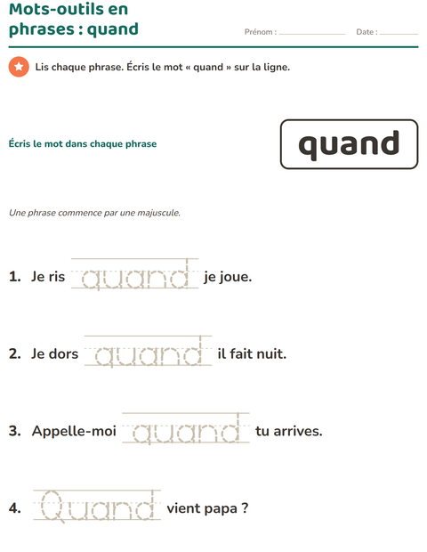 Aperçu de la fiche Mots-outils pour École maternelle (grande section, 5-7 ans)