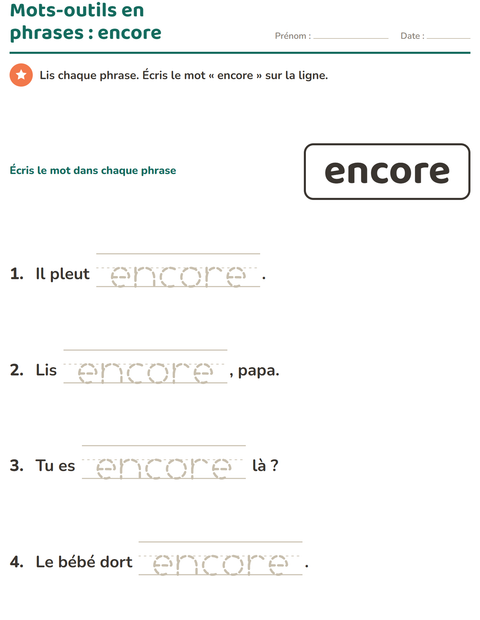 Aperçu de la fiche Mots-outils pour École maternelle (grande section, 5-7 ans)