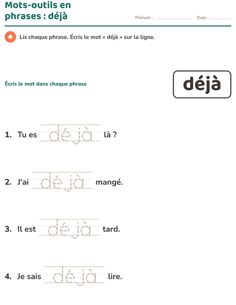 Aperçu de la fiche Mots-outils pour École maternelle (grande section, 5-7 ans)
