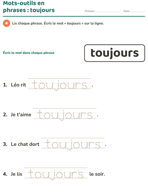Aperçu de la fiche Mots-outils pour École maternelle (grande section, 5-7 ans)