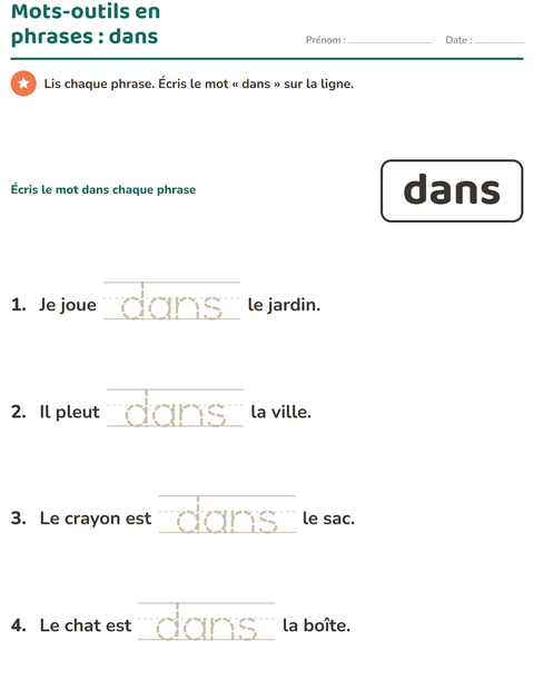 Aperçu de la fiche Mots-outils pour École maternelle (grande section, 5-7 ans)
