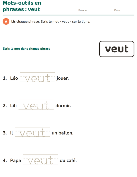 Aperçu de la fiche Mots-outils pour École maternelle (grande section, 5-7 ans)