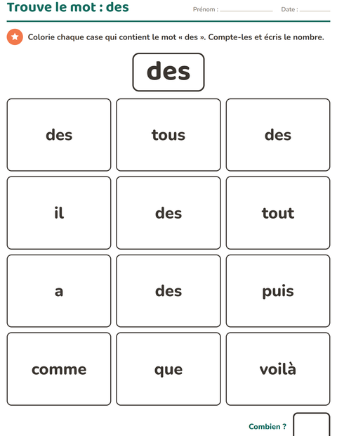 Aperçu de la fiche Mots-outils pour École maternelle (grande section, 5-7 ans)