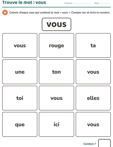 Aperçu de la fiche Mots-outils pour École maternelle (grande section, 5-7 ans)