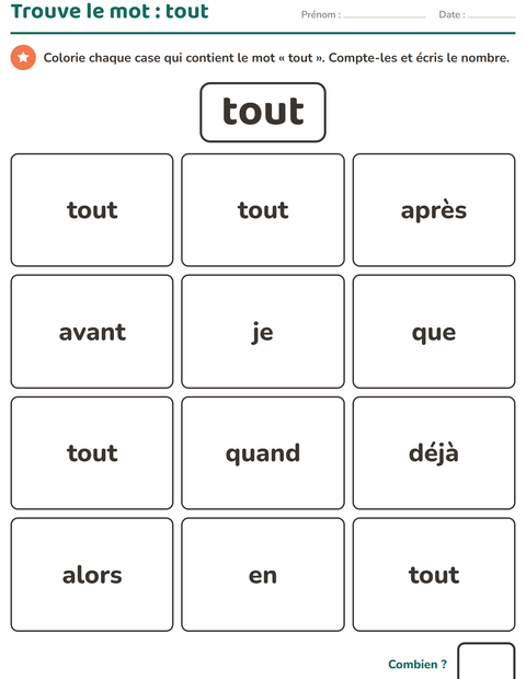 Aperçu de la fiche Mots-outils pour École maternelle (grande section, 5-7 ans)