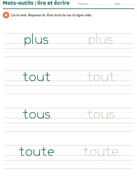 Aperçu de la fiche Mots-outils pour École maternelle (grande section, 5-7 ans)