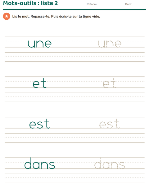 Mots-outils, liste 2 : une, et, est, dans