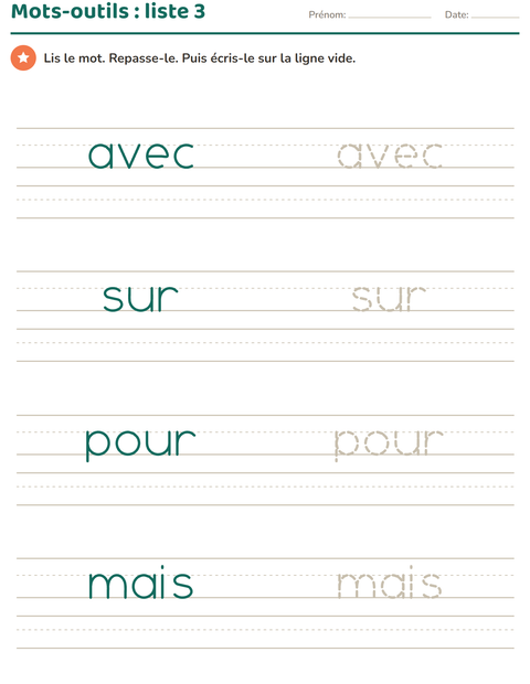 Mots-outils, liste 3 : avec, sur, pour, mais