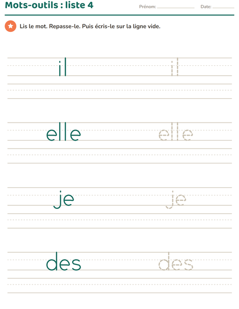 Mots-outils, liste 4 : il, elle, je, des