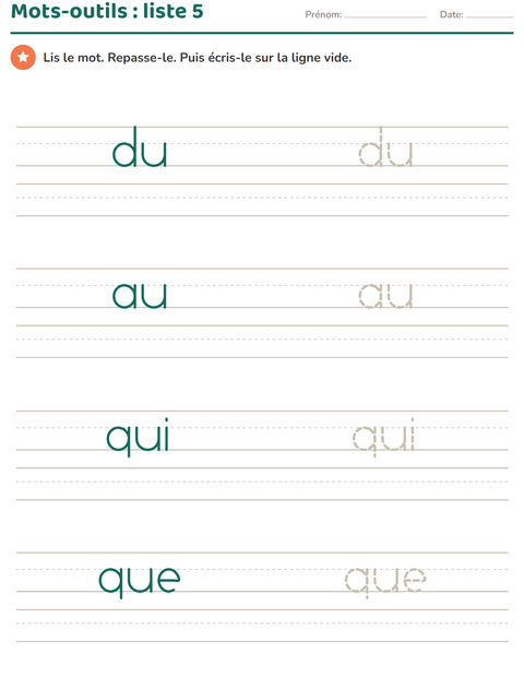 Mots-outils, liste 5 : du, au, qui, que
