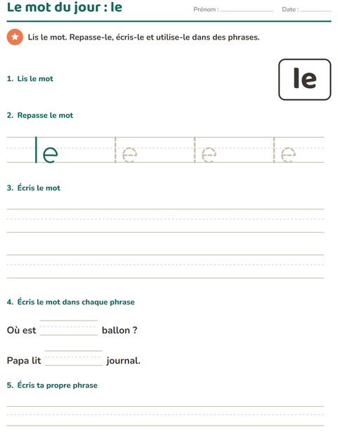 Aperçu de la fiche Mots-outils pour École maternelle (grande section, 5-7 ans)
