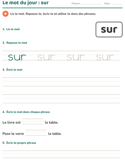 Aperçu de la fiche Mots-outils pour École maternelle (grande section, 5-7 ans)