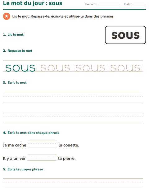 Aperçu de la fiche Mots-outils pour École maternelle (grande section, 5-7 ans)
