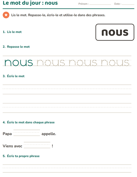 Aperçu de la fiche Mots-outils pour École maternelle (grande section, 5-7 ans)