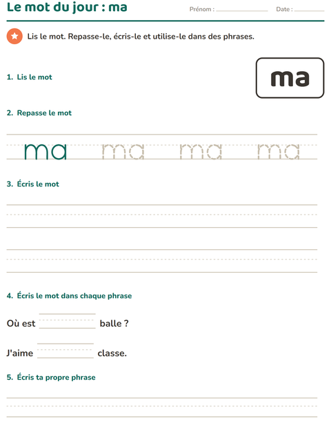 Aperçu de la fiche Mots-outils pour École maternelle (grande section, 5-7 ans)