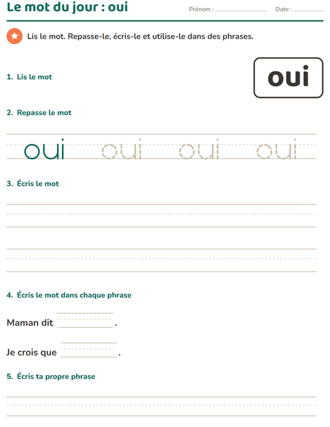 Aperçu de la fiche Mots-outils pour École maternelle (grande section, 5-7 ans)