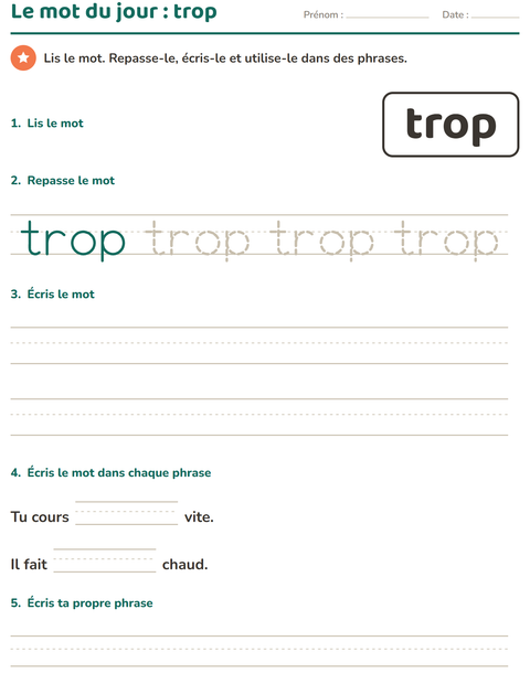 Aperçu de la fiche Mots-outils pour École maternelle (grande section, 5-7 ans)