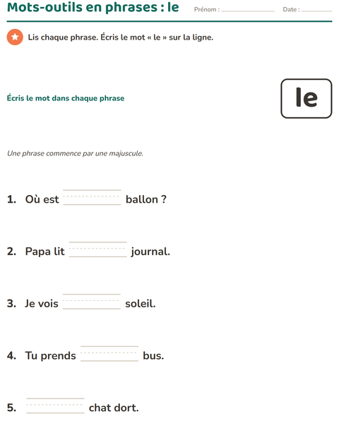 Aperçu de la fiche Mots-outils pour École maternelle (grande section, 5-7 ans)