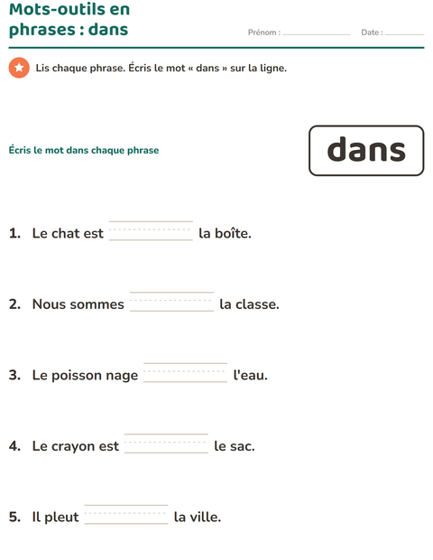 Aperçu de la fiche Mots-outils pour École maternelle (grande section, 5-7 ans)