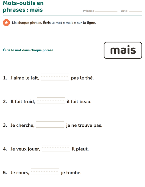Aperçu de la fiche Mots-outils pour École maternelle (grande section, 5-7 ans)