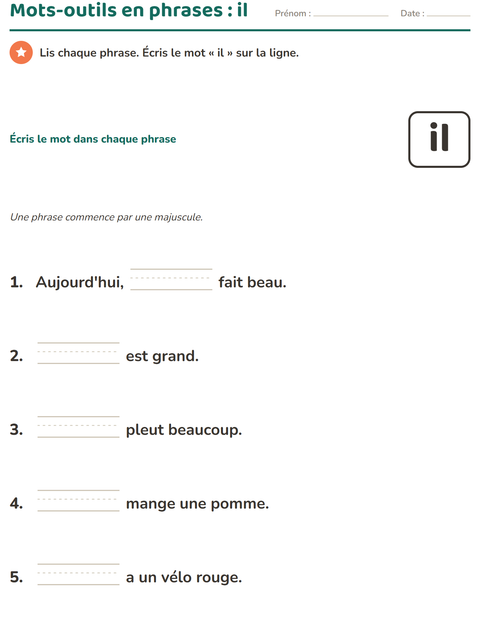 Aperçu de la fiche Mots-outils pour École maternelle (grande section, 5-7 ans)