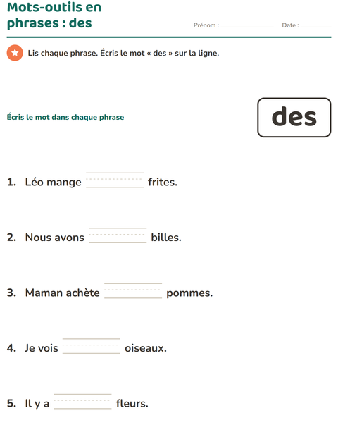 Aperçu de la fiche Mots-outils pour École maternelle (grande section, 5-7 ans)