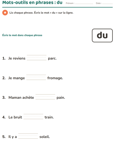 Aperçu de la fiche Mots-outils pour École maternelle (grande section, 5-7 ans)