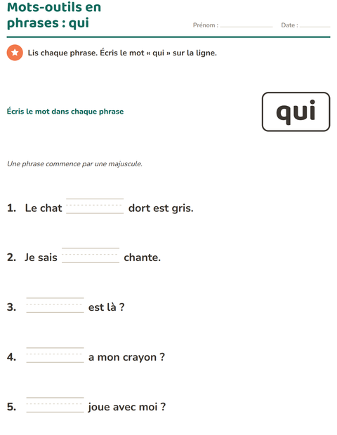 Aperçu de la fiche Mots-outils pour École maternelle (grande section, 5-7 ans)