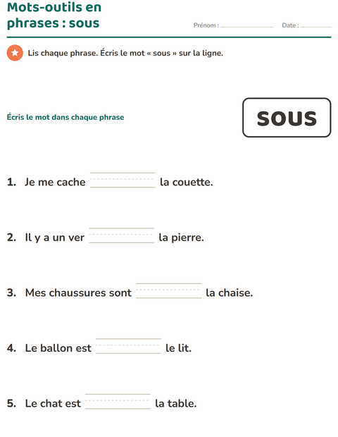 Aperçu de la fiche Mots-outils pour École maternelle (grande section, 5-7 ans)
