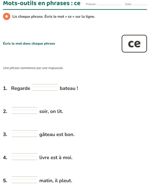 Aperçu de la fiche Mots-outils pour École maternelle (grande section, 5-7 ans)