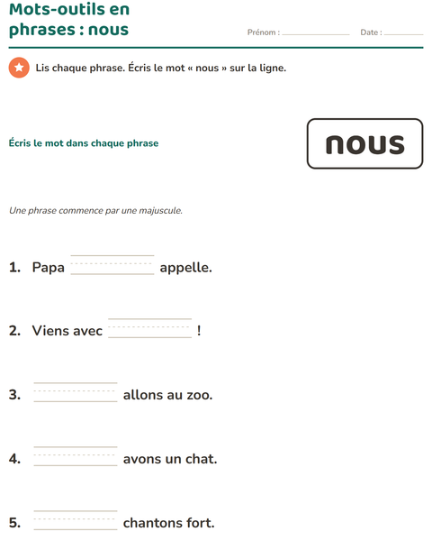 Aperçu de la fiche Mots-outils pour École maternelle (grande section, 5-7 ans)