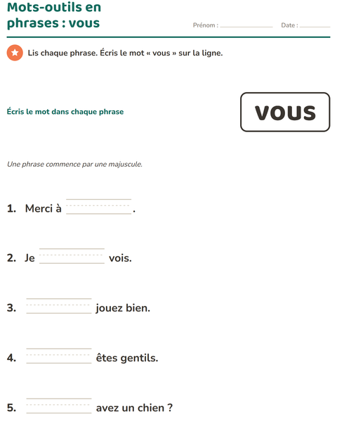 Aperçu de la fiche Mots-outils pour École maternelle (grande section, 5-7 ans)