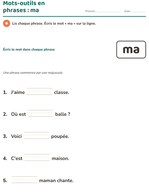 Aperçu de la fiche Mots-outils pour École maternelle (grande section, 5-7 ans)