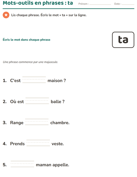 Aperçu de la fiche Mots-outils pour École maternelle (grande section, 5-7 ans)