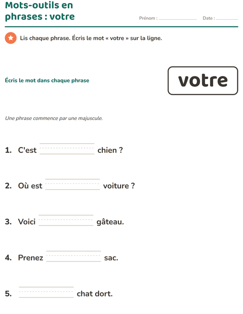 Aperçu de la fiche Mots-outils pour École maternelle (grande section, 5-7 ans)
