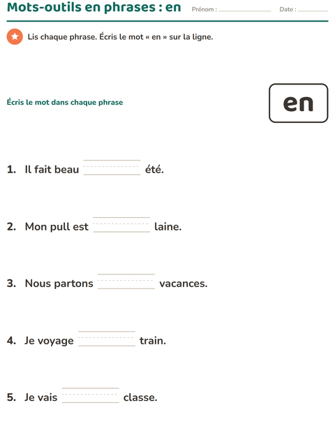 Aperçu de la fiche Mots-outils pour École maternelle (grande section, 5-7 ans)